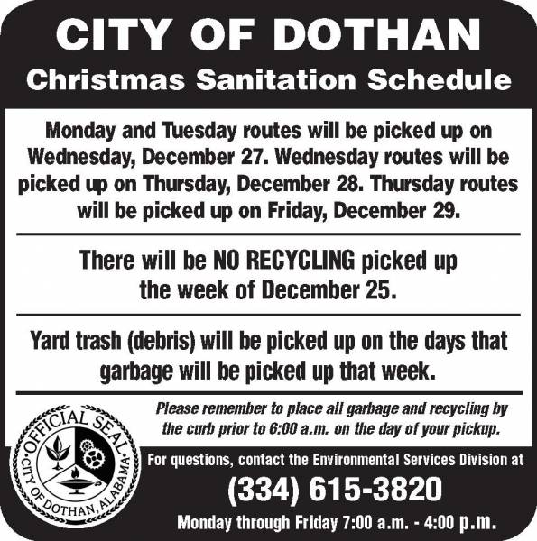 CITY OF DOTHAN Christmas Sanitation Schedule