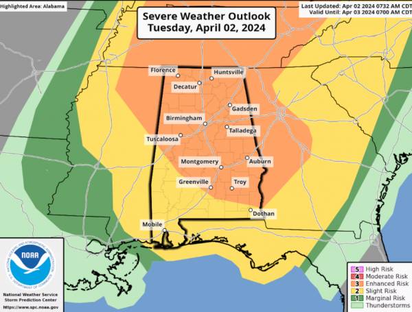Tornado threat increases for Alabama Tuesday; severe weather expected
