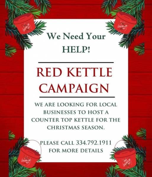 Salvation Army: Apply to be a bell ringer or host a countertop Red Kettle Campaign!