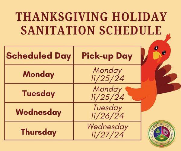 Thanksgiving Holiday Sanitation Schedule - City of Dothan